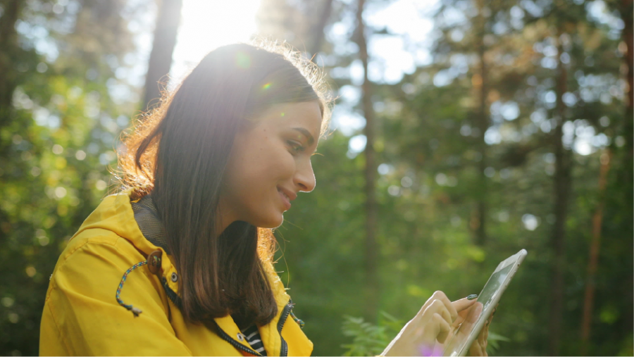A woman on her phone in the forest.